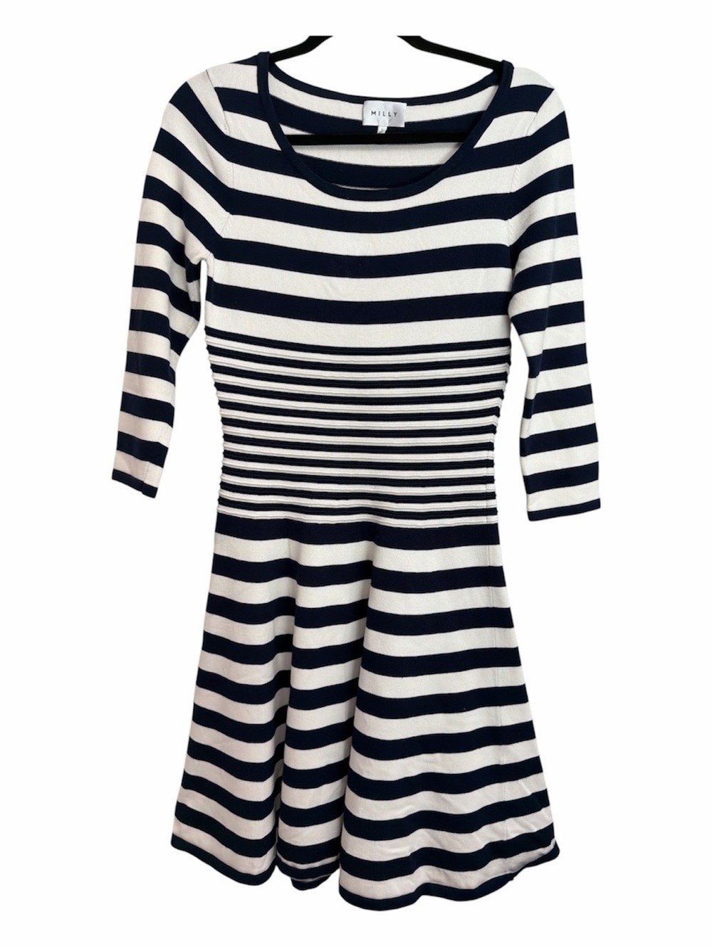 Milly Navy Blue and White Striped Long-Sleeve Fit-and-Flare Sweater Dress